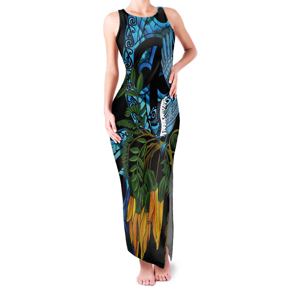 Turquoise New Zealand Kowhai And Piwakawaka Tank Maxi Dress Maori Ngaru Paua Shell LT14 Women Turquoise - Polynesian Pride