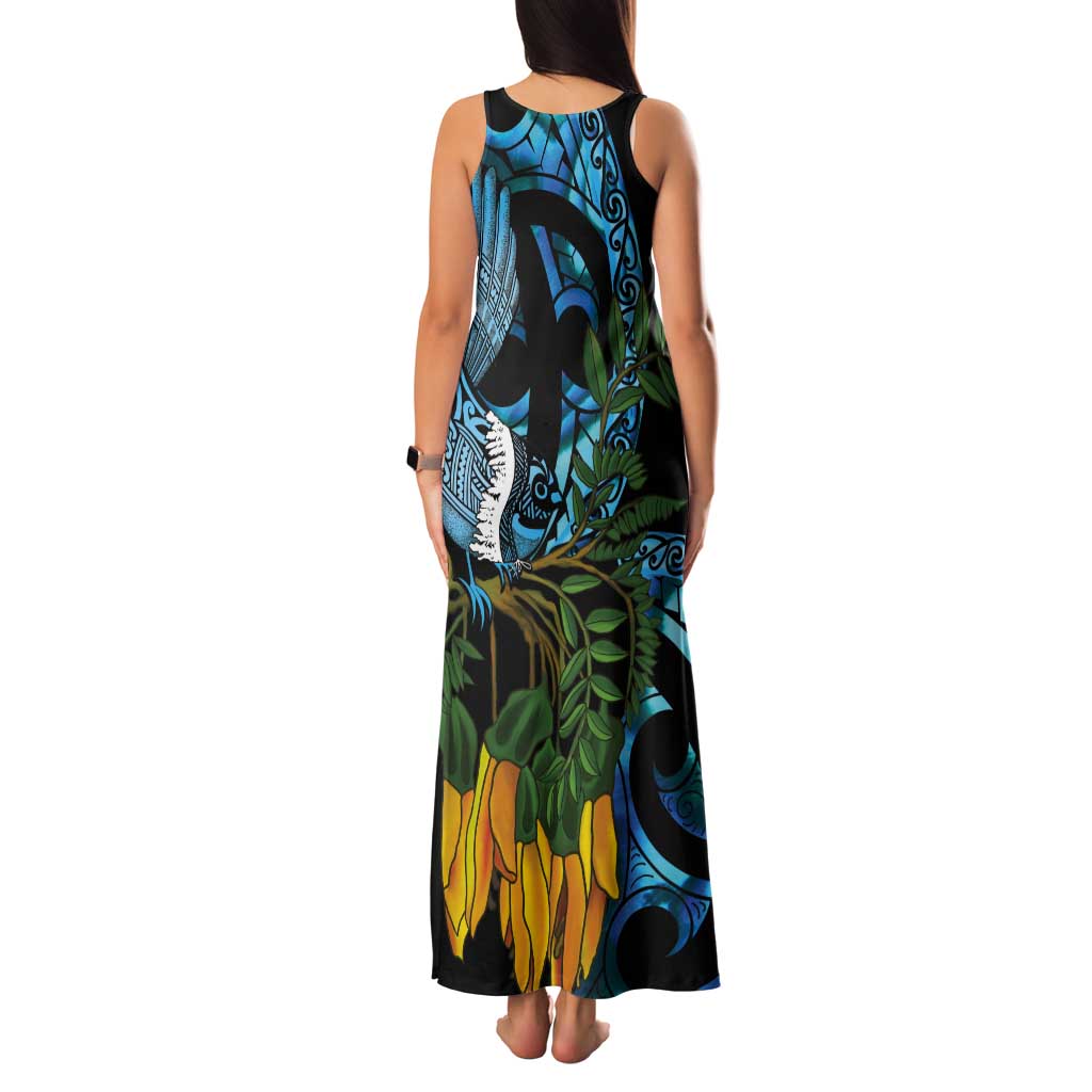 Turquoise New Zealand Kowhai And Piwakawaka Tank Maxi Dress Maori Ngaru Paua Shell LT14 - Polynesian Pride