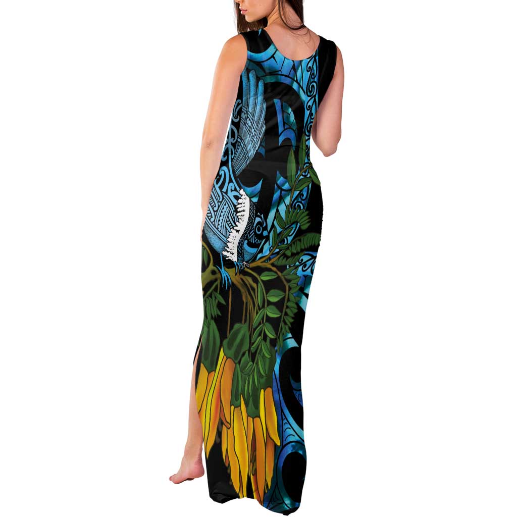 Turquoise New Zealand Kowhai And Piwakawaka Tank Maxi Dress Maori Ngaru Paua Shell LT14 - Polynesian Pride