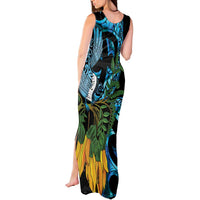 Turquoise New Zealand Kowhai And Piwakawaka Tank Maxi Dress Maori Ngaru Paua Shell LT14 - Polynesian Pride