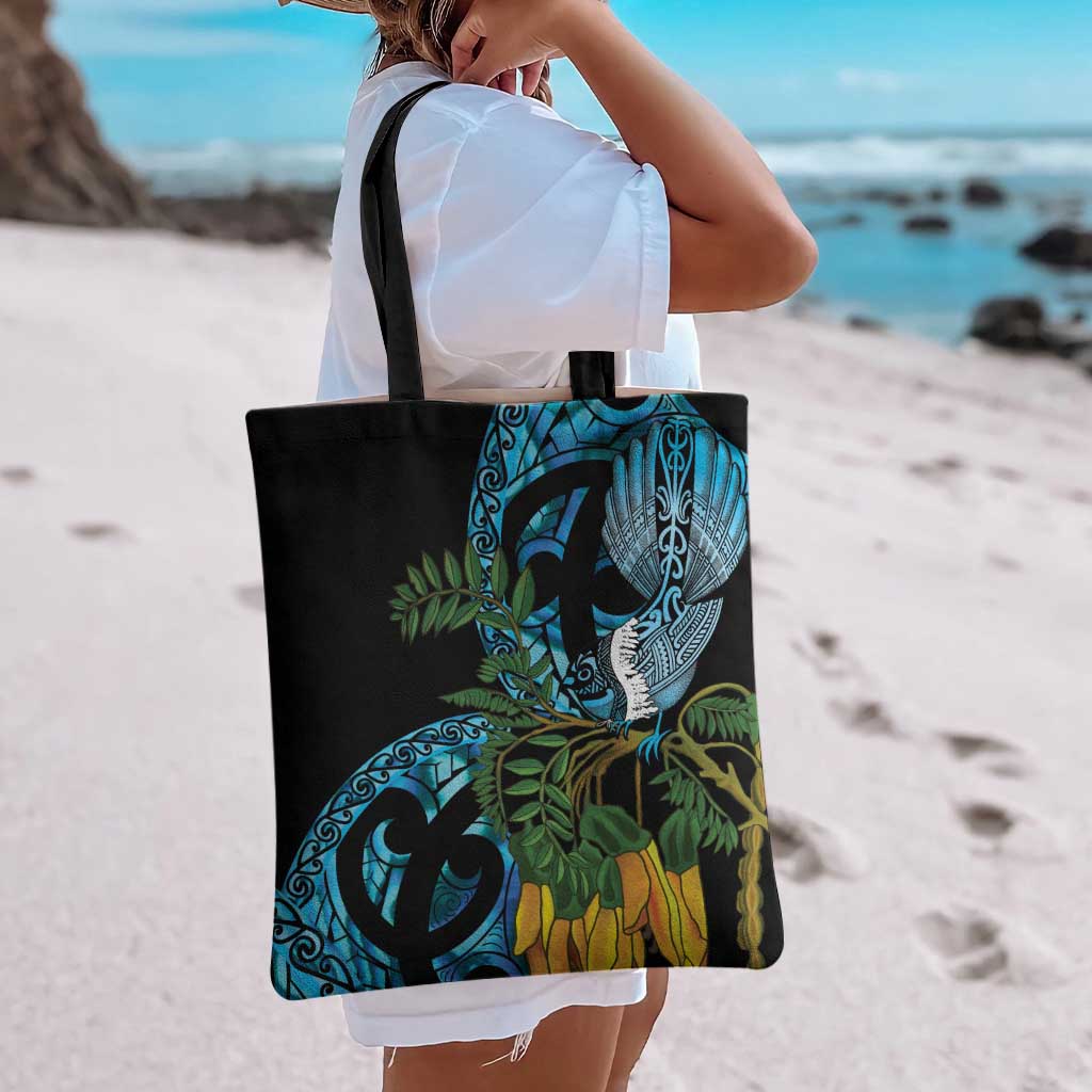 Turquoise New Zealand Kowhai And Piwakawaka Tote Bag Maori Ngaru Paua Shell LT14 - Polynesian Pride