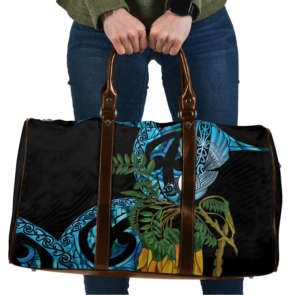 Turquoise New Zealand Kowhai And Piwakawaka Travel Bag Maori Ngaru Paua Shell LT14 Turquoise - Polynesian Pride