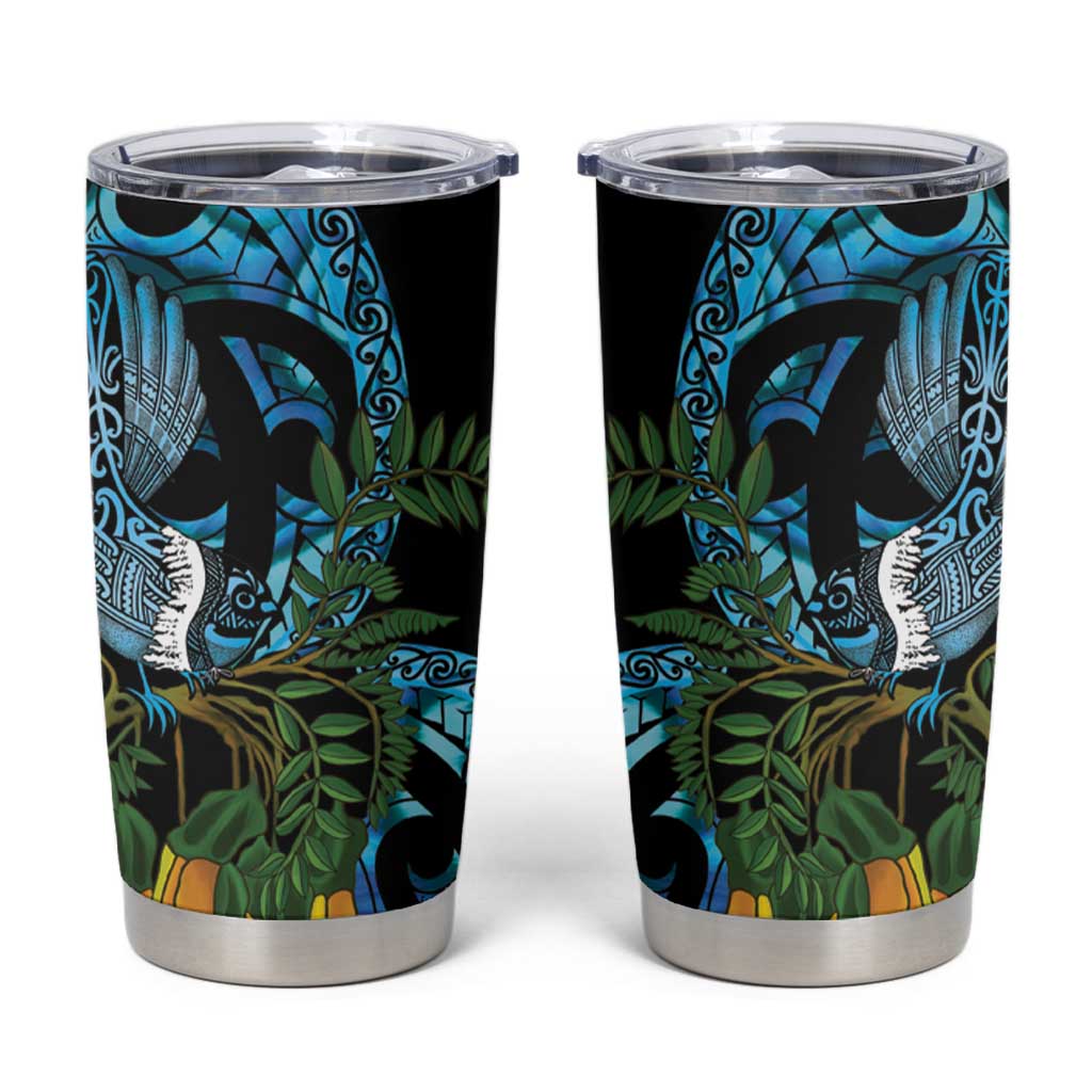 Turquoise New Zealand Kowhai And Piwakawaka Tumbler Cup Maori Ngaru Paua Shell LT14 Turquoise - Polynesian Pride