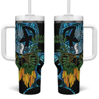Turquoise New Zealand Kowhai And Piwakawaka Tumbler With Handle Maori Ngaru Paua Shell LT14 One Size: 40 oz Turquoise - Polynesian Pride