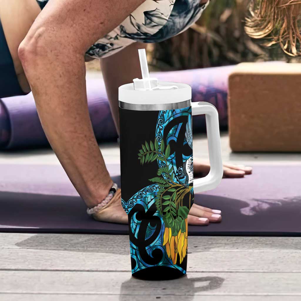 Turquoise New Zealand Kowhai And Piwakawaka Tumbler With Handle Maori Ngaru Paua Shell LT14 - Polynesian Pride