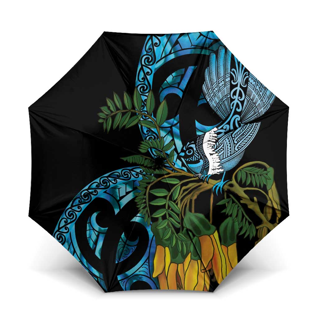 Turquoise New Zealand Kowhai And Piwakawaka Umbrella Maori Ngaru Paua Shell LT14 One Size Folded 11.42 inch Opened Diameter 37.4 inch Turquoise - Polynesian Pride