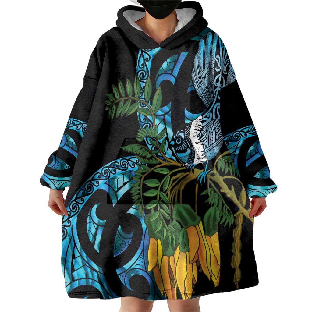 Turquoise New Zealand Kowhai And Piwakawaka Wearable Blanket Hoodie Maori Ngaru Paua Shell LT14 - Polynesian Pride