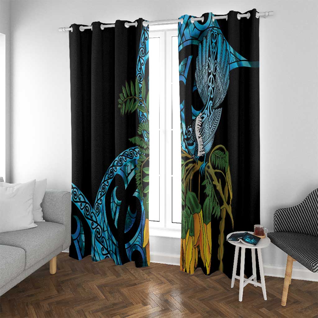 Turquoise New Zealand Kowhai And Piwakawaka Window Curtain Maori Ngaru Paua Shell LT14 With Grommets Turquoise - Polynesian Pride