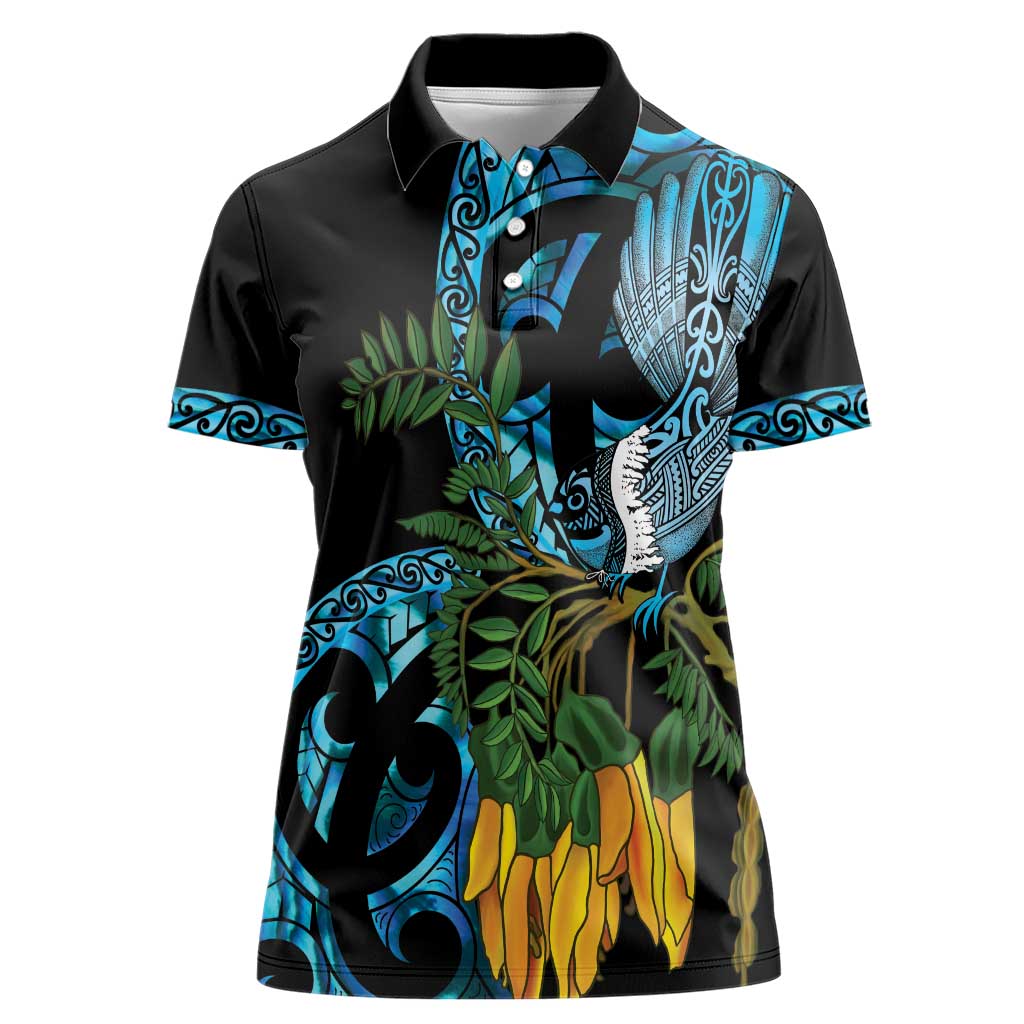 Turquoise New Zealand Kowhai And Piwakawaka Women Polo Shirt Maori Ngaru Paua Shell LT14 Female Turquoise - Polynesian Pride