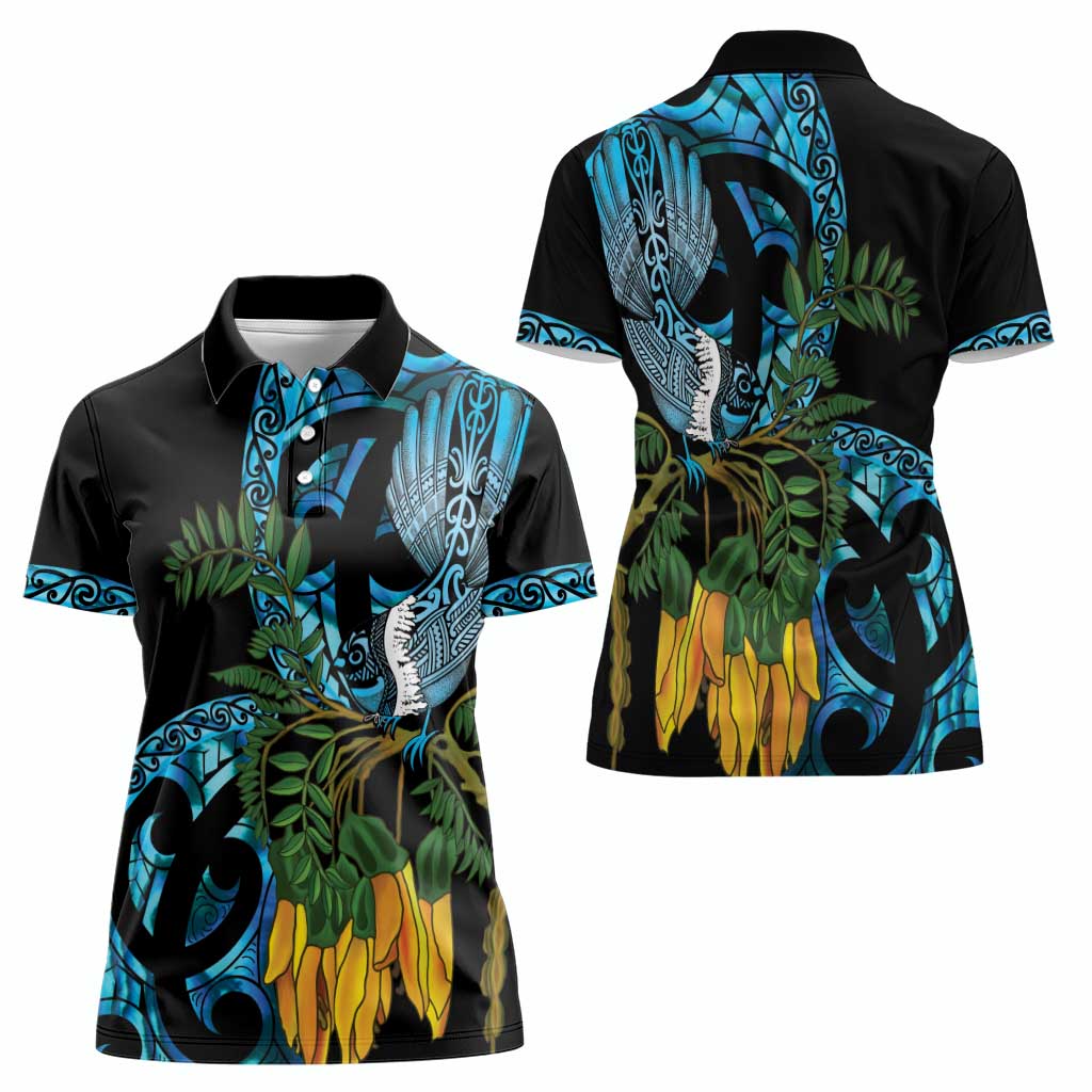 Turquoise New Zealand Kowhai And Piwakawaka Women Polo Shirt Maori Ngaru Paua Shell LT14 - Polynesian Pride