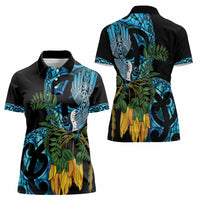 Turquoise New Zealand Kowhai And Piwakawaka Women Polo Shirt Maori Ngaru Paua Shell LT14 - Polynesian Pride