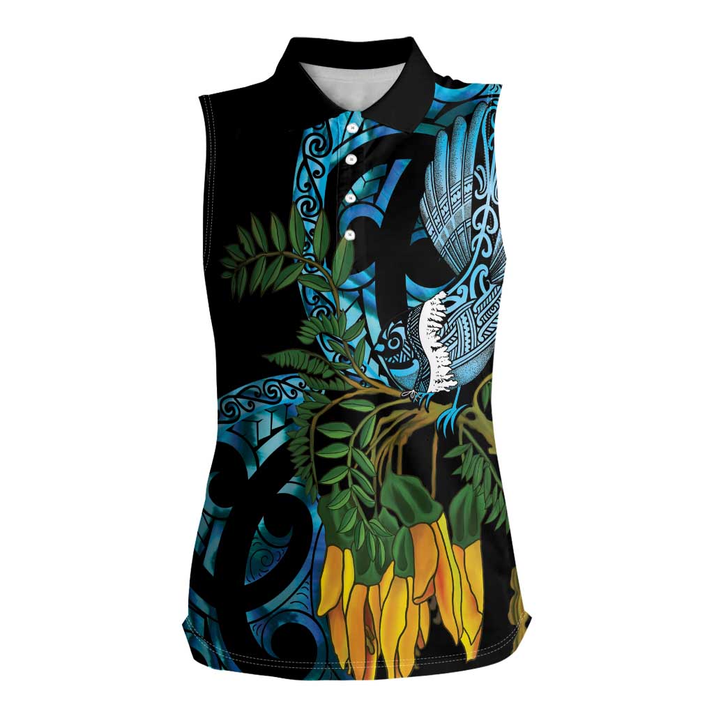 Turquoise New Zealand Kowhai And Piwakawaka Women Sleeveless Polo Shirt Maori Ngaru Paua Shell LT14 Female Turquoise - Polynesian Pride