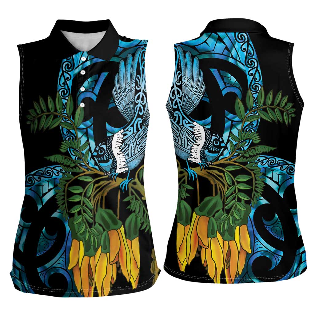 Turquoise New Zealand Kowhai And Piwakawaka Women Sleeveless Polo Shirt Maori Ngaru Paua Shell LT14 - Polynesian Pride