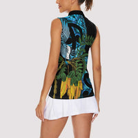 Turquoise New Zealand Kowhai And Piwakawaka Women Sleeveless Polo Shirt Maori Ngaru Paua Shell LT14 - Polynesian Pride