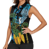 Turquoise New Zealand Kowhai And Piwakawaka Women Sleeveless Polo Shirt Maori Ngaru Paua Shell LT14 - Polynesian Pride