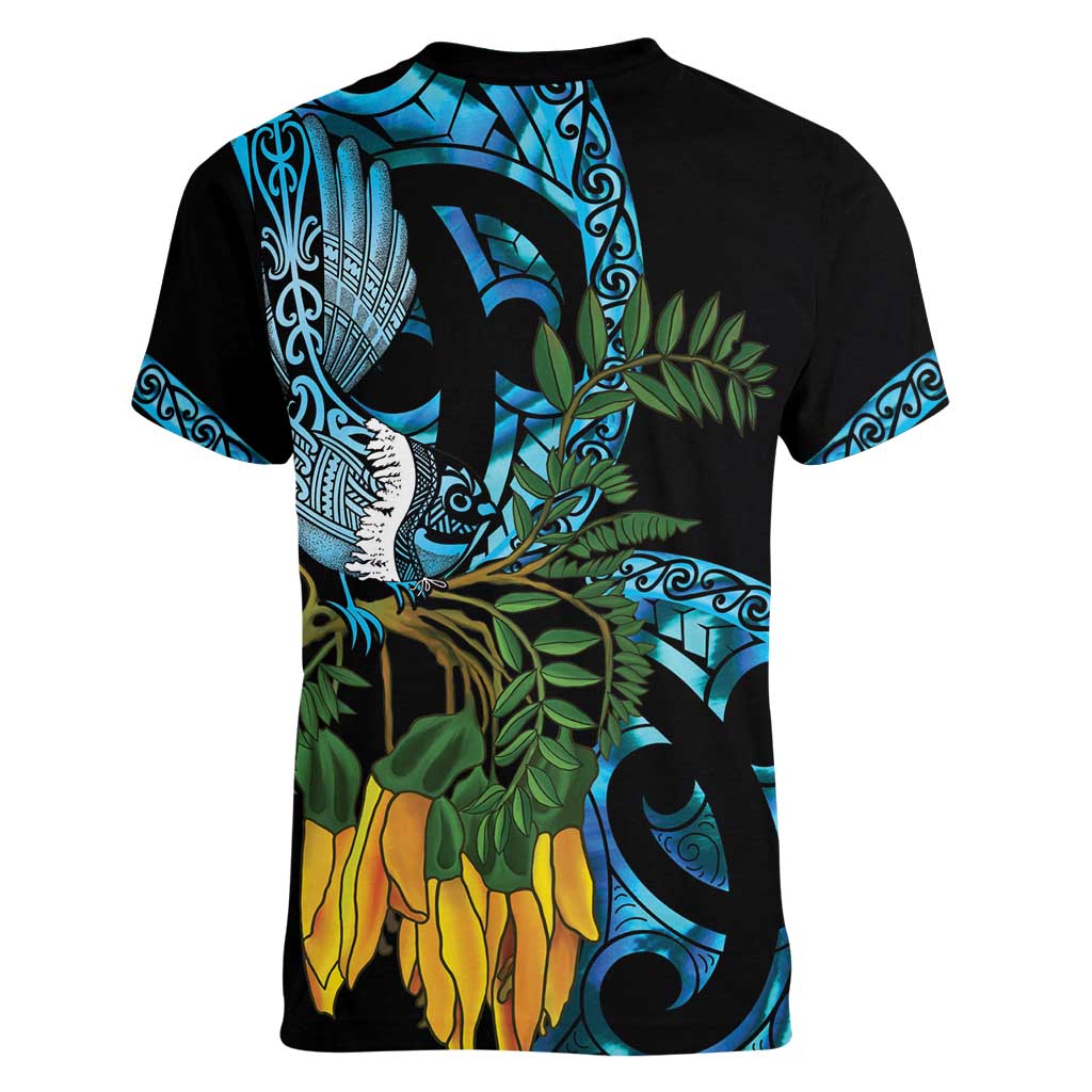 Turquoise New Zealand Kowhai And Piwakawaka Women V-Neck T-Shirt Maori Ngaru Paua Shell LT14 - Polynesian Pride