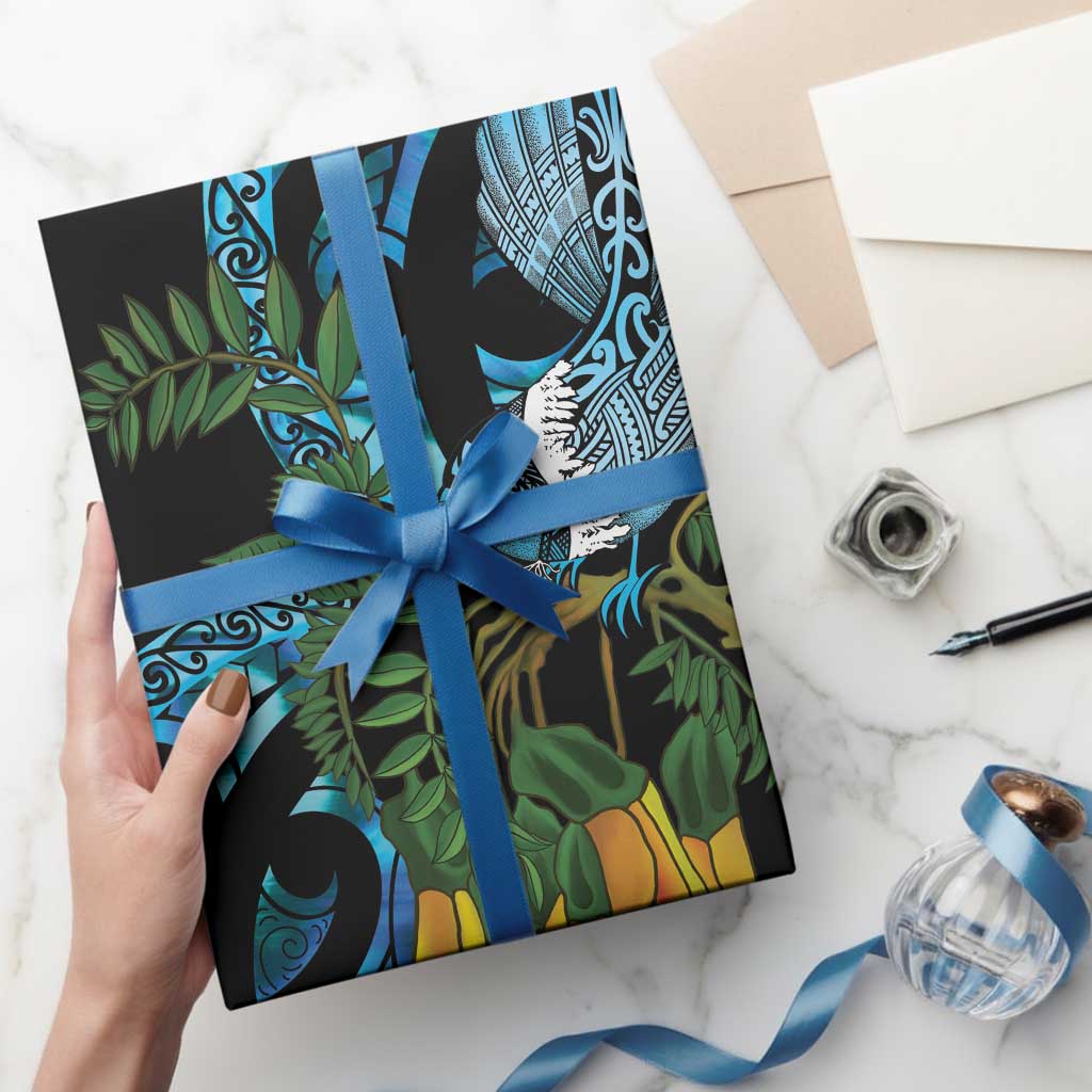 Turquoise New Zealand Kowhai And Piwakawaka Wrapping Paper Maori Ngaru Paua Shell LT14 - Polynesian Pride