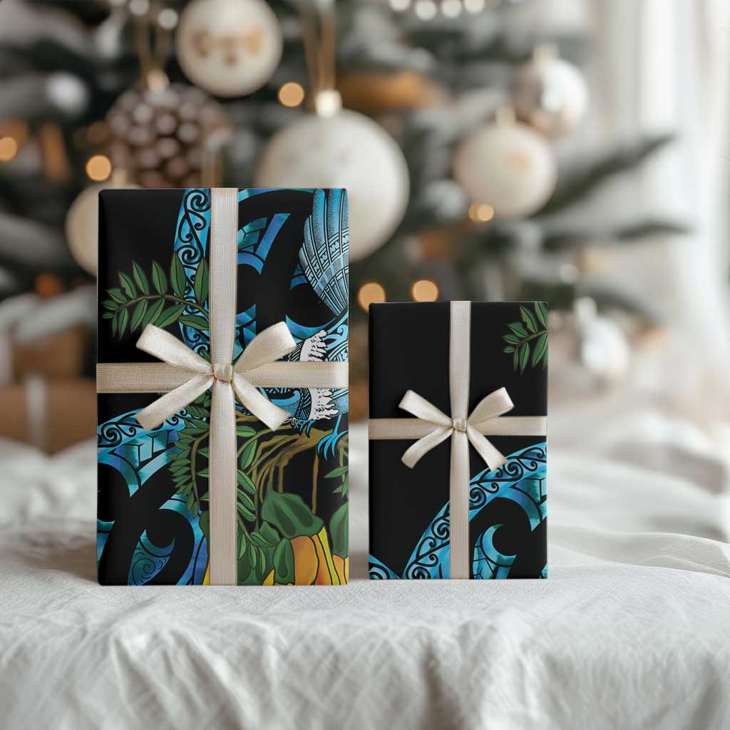 Turquoise New Zealand Kowhai And Piwakawaka Wrapping Paper Maori Ngaru Paua Shell LT14 - Polynesian Pride