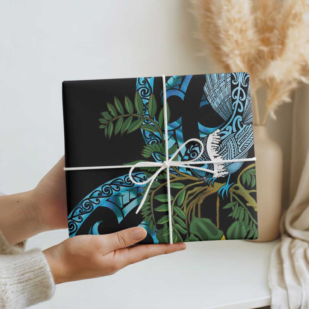 Turquoise New Zealand Kowhai And Piwakawaka Wrapping Paper Maori Ngaru Paua Shell LT14 - Polynesian Pride