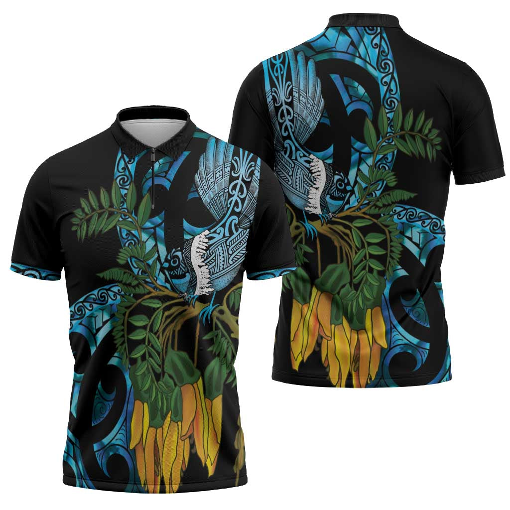 Turquoise New Zealand Kowhai And Piwakawaka Zipper Polo Shirt Maori Ngaru Paua Shell - Polynesian Pride