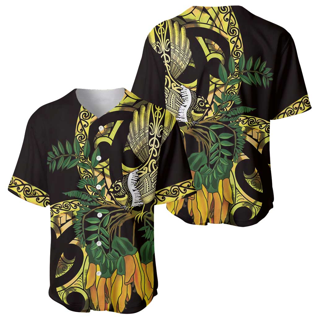 Yellow New Zealand Kowhai And Piwakawaka Baseball Jersey Maori Ngaru Paua Shell LT14 - Polynesian Pride