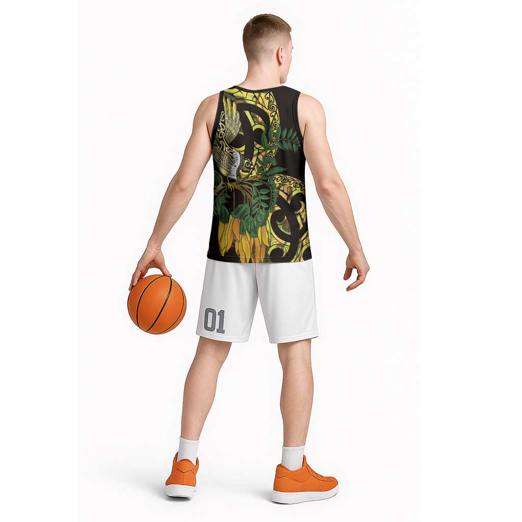 Yellow New Zealand Kowhai And Piwakawaka Basketball Jersey Maori Ngaru Paua Shell LT14 - Polynesian Pride