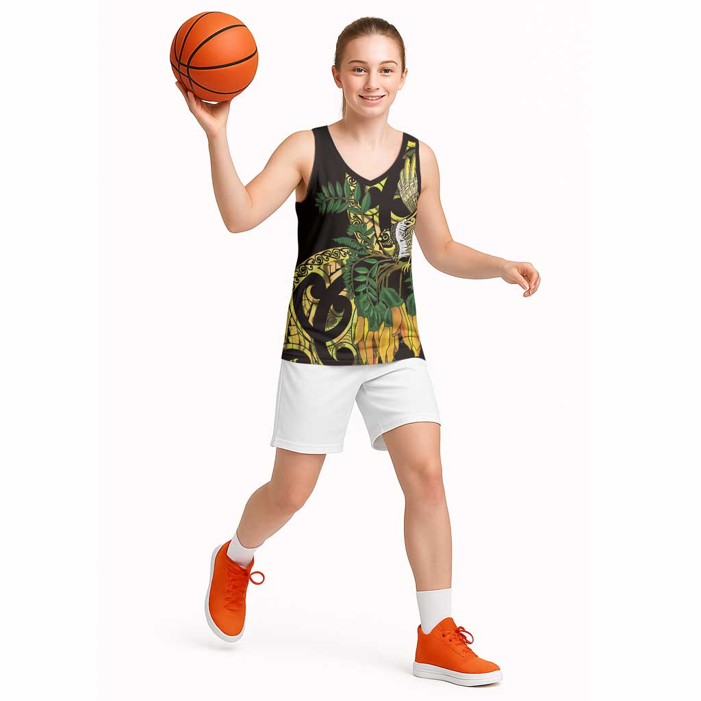 Yellow New Zealand Kowhai And Piwakawaka Basketball Jersey Maori Ngaru Paua Shell LT14 - Polynesian Pride