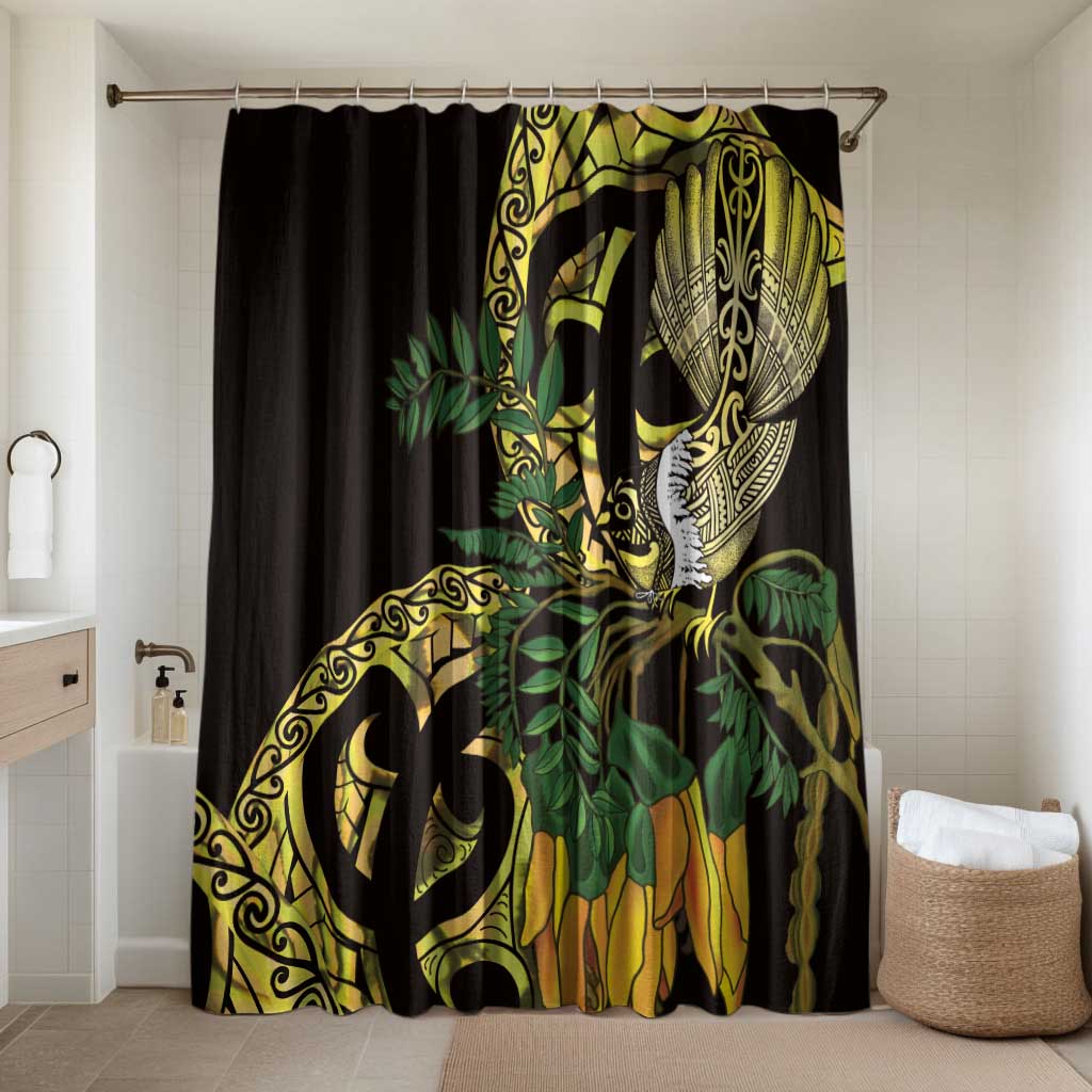 Yellow New Zealand Kowhai And Piwakawaka Bathroom Set Maori Ngaru Paua Shell LT14 Shower Curtain Only Yellow - Polynesian Pride