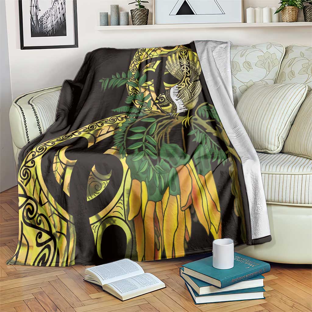 Yellow New Zealand Kowhai And Piwakawaka Blanket Maori Ngaru Paua Shell LT14 Yellow - Polynesian Pride