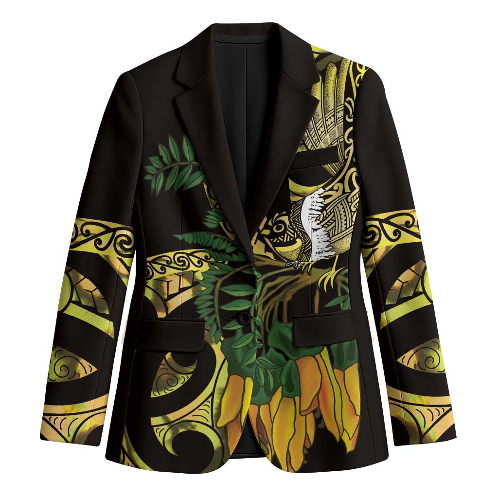 Yellow New Zealand Kowhai And Piwakawaka Blazer Maori Ngaru Paua Shell LT14 Unisex Yellow - Polynesian Pride