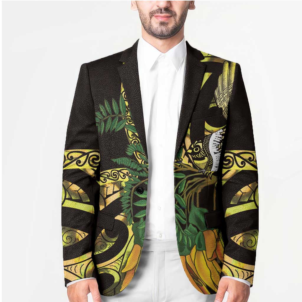 Yellow New Zealand Kowhai And Piwakawaka Blazer Maori Ngaru Paua Shell LT14 - Polynesian Pride