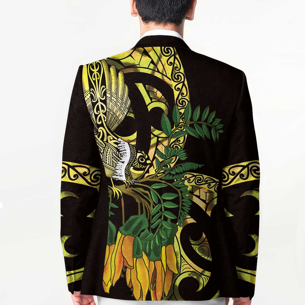 Yellow New Zealand Kowhai And Piwakawaka Blazer Maori Ngaru Paua Shell LT14 - Polynesian Pride