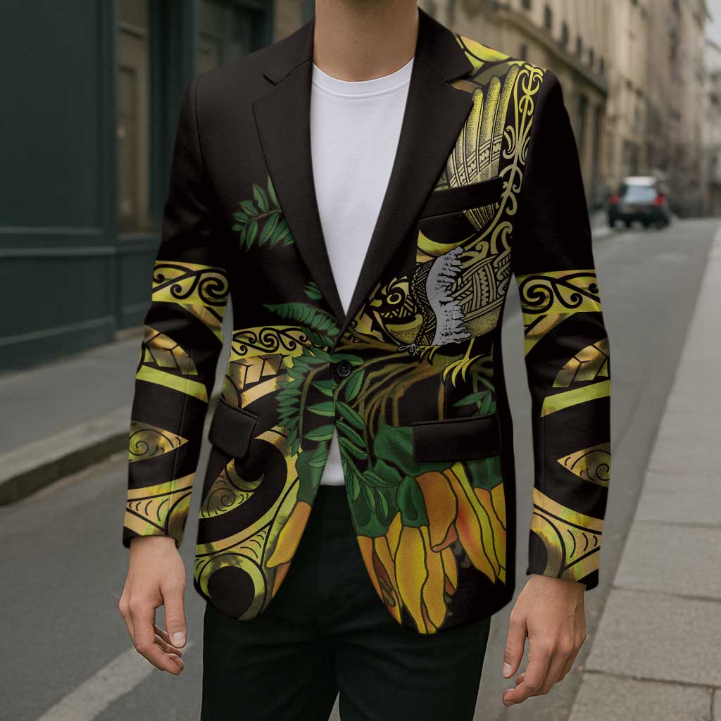 Yellow New Zealand Kowhai And Piwakawaka Blazer Maori Ngaru Paua Shell LT14 - Polynesian Pride