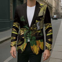 Yellow New Zealand Kowhai And Piwakawaka Blazer Maori Ngaru Paua Shell LT14 - Polynesian Pride