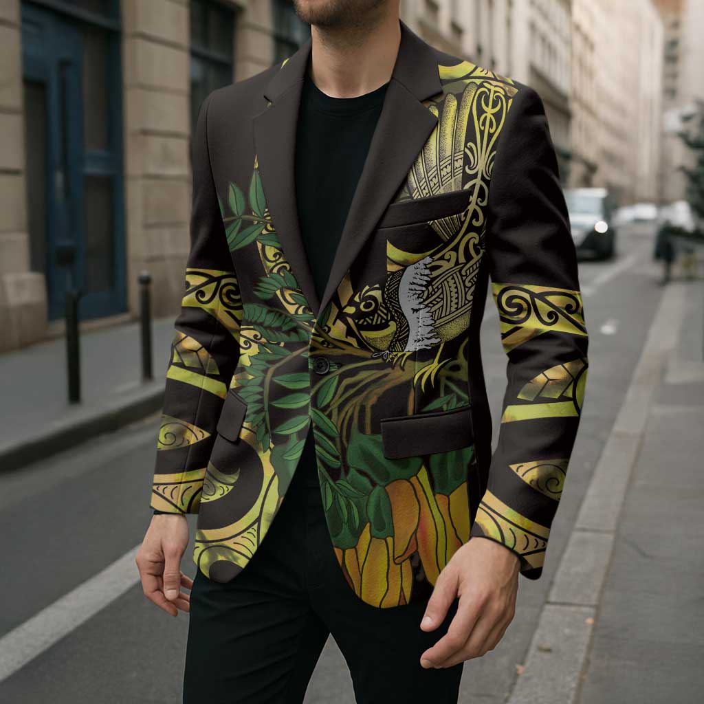 Yellow New Zealand Kowhai And Piwakawaka Blazer Maori Ngaru Paua Shell LT14 - Polynesian Pride
