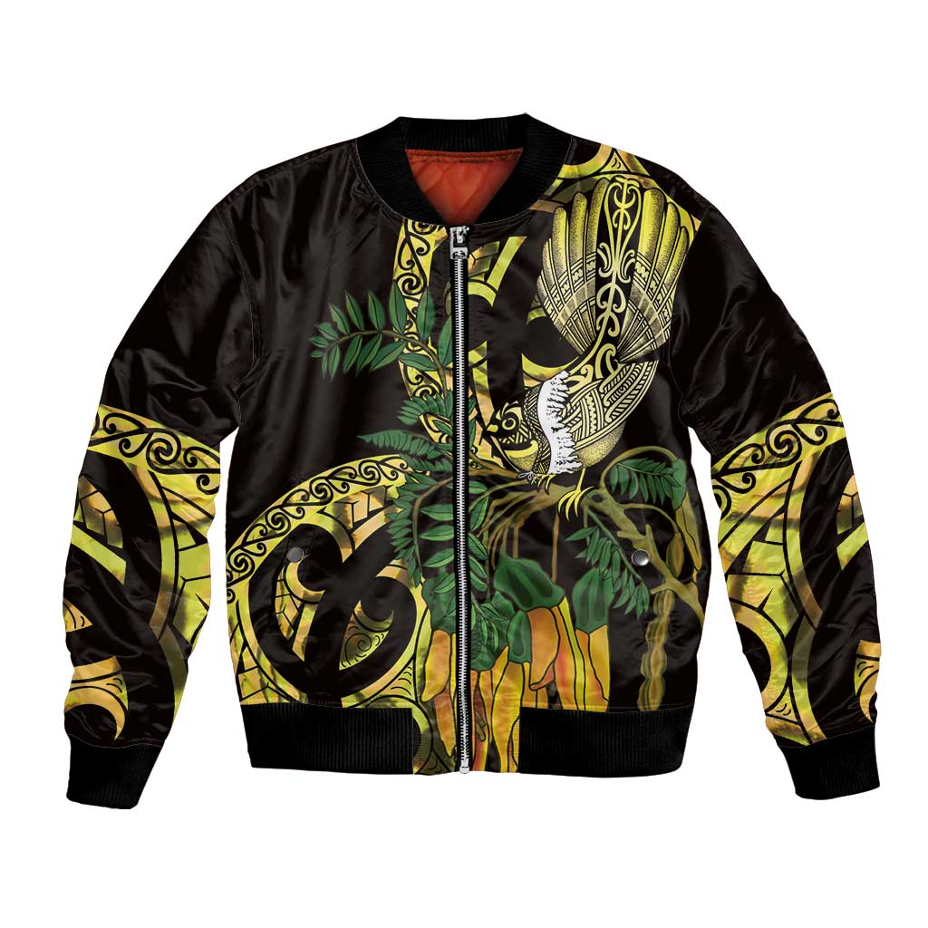 Yellow New Zealand Kowhai And Piwakawaka Bomber Jacket Maori Ngaru Paua Shell LT14 Unisex Yellow - Polynesian Pride