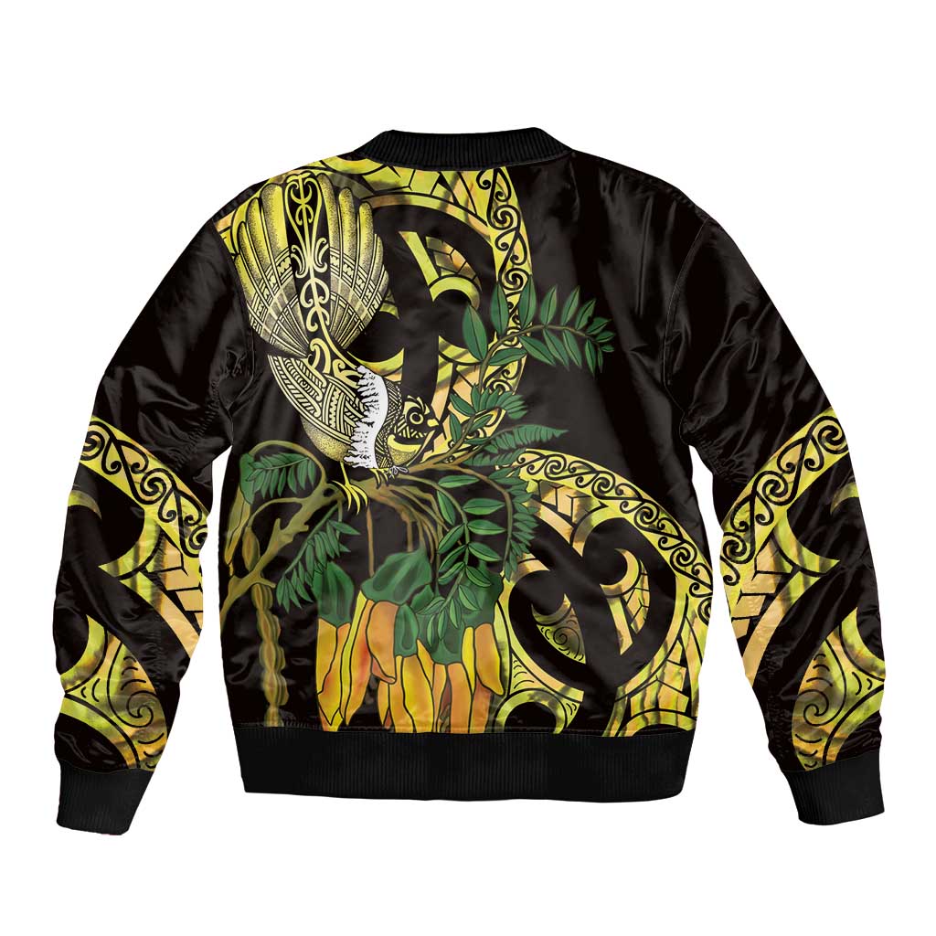Yellow New Zealand Kowhai And Piwakawaka Bomber Jacket Maori Ngaru Paua Shell LT14 - Polynesian Pride