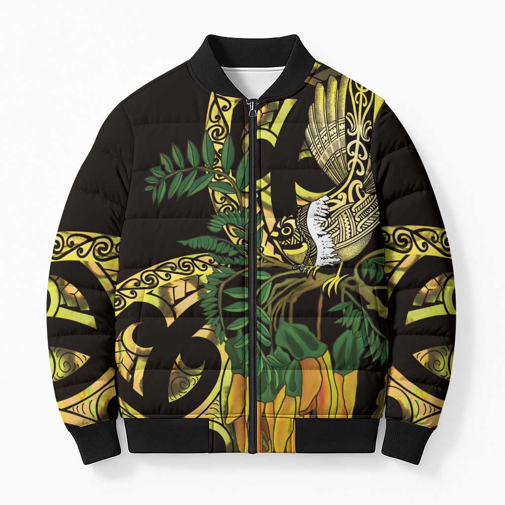 Yellow New Zealand Kowhai And Piwakawaka Bomber Puffer Jacket Maori Ngaru Paua Shell LT14 Unisex Yellow - Polynesian Pride