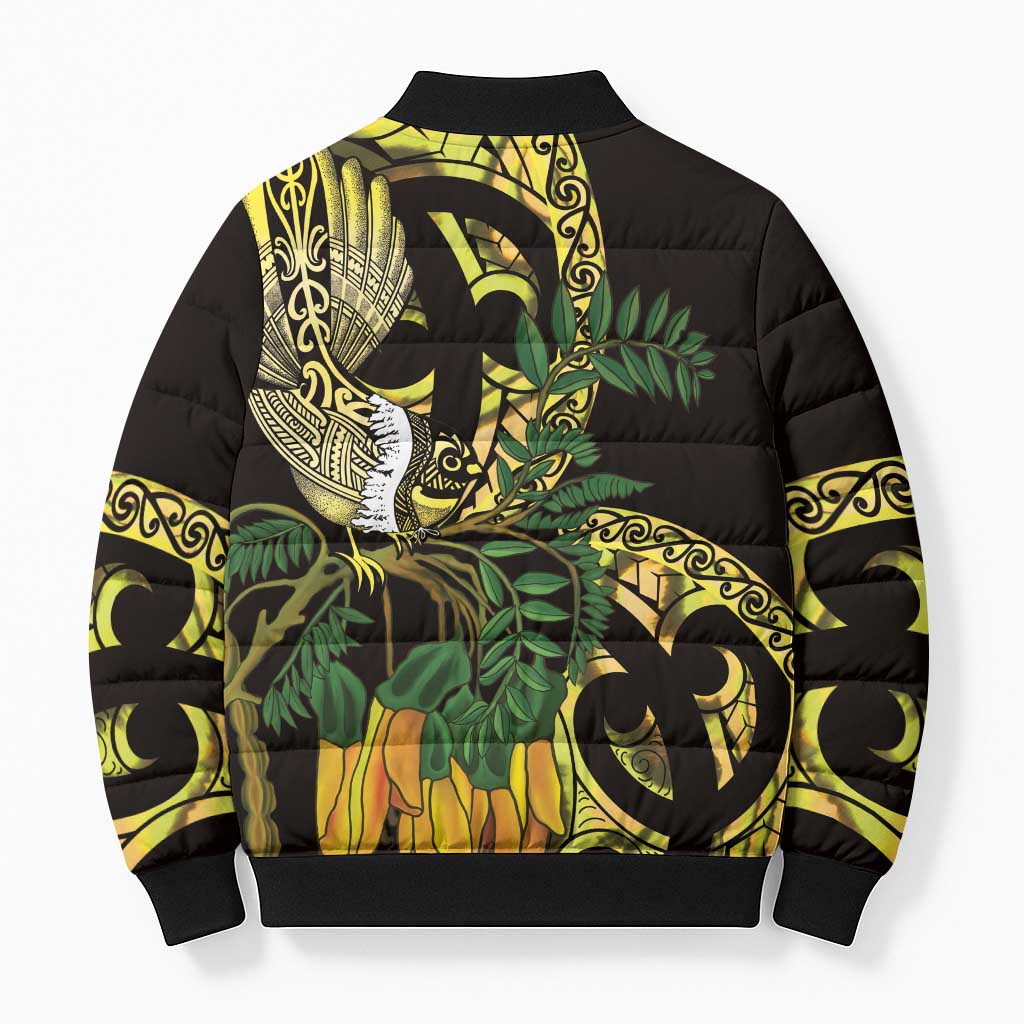 Yellow New Zealand Kowhai And Piwakawaka Bomber Puffer Jacket Maori Ngaru Paua Shell LT14 - Polynesian Pride