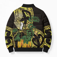 Yellow New Zealand Kowhai And Piwakawaka Bomber Puffer Jacket Maori Ngaru Paua Shell LT14 - Polynesian Pride