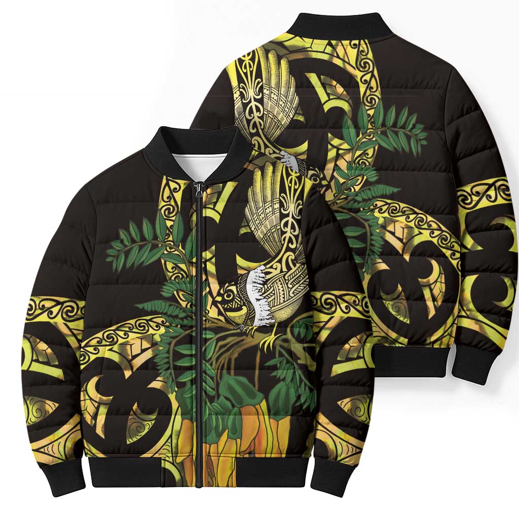 Yellow New Zealand Kowhai And Piwakawaka Bomber Puffer Jacket Maori Ngaru Paua Shell LT14 - Polynesian Pride