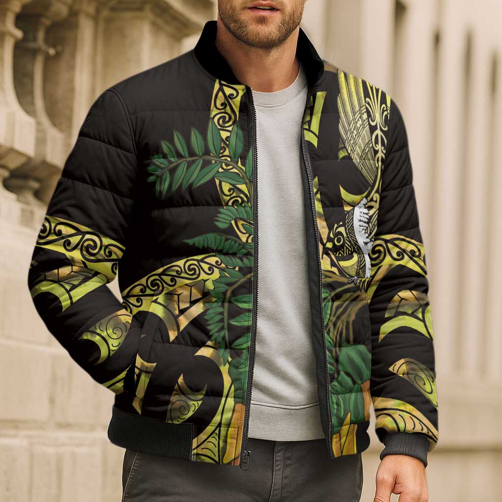 Yellow New Zealand Kowhai And Piwakawaka Bomber Puffer Jacket Maori Ngaru Paua Shell LT14 - Polynesian Pride