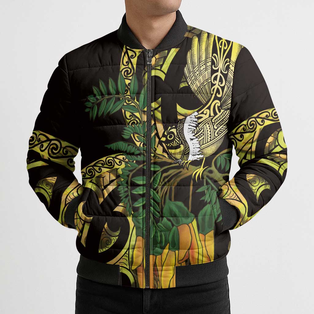Yellow New Zealand Kowhai And Piwakawaka Bomber Puffer Jacket Maori Ngaru Paua Shell LT14 - Polynesian Pride