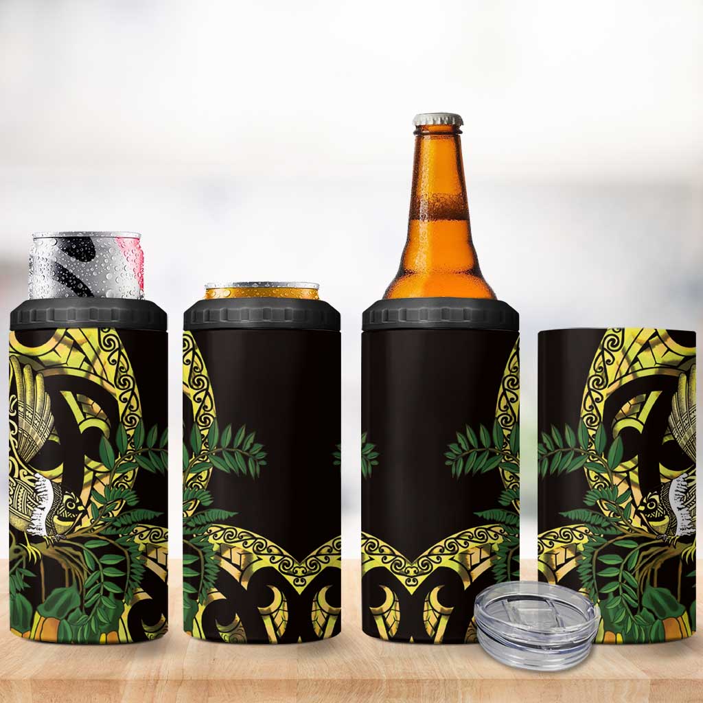 Yellow New Zealand Kowhai And Piwakawaka 4 in 1 Can Cooler Tumbler Maori Ngaru Paua Shell LT14 - Polynesian Pride