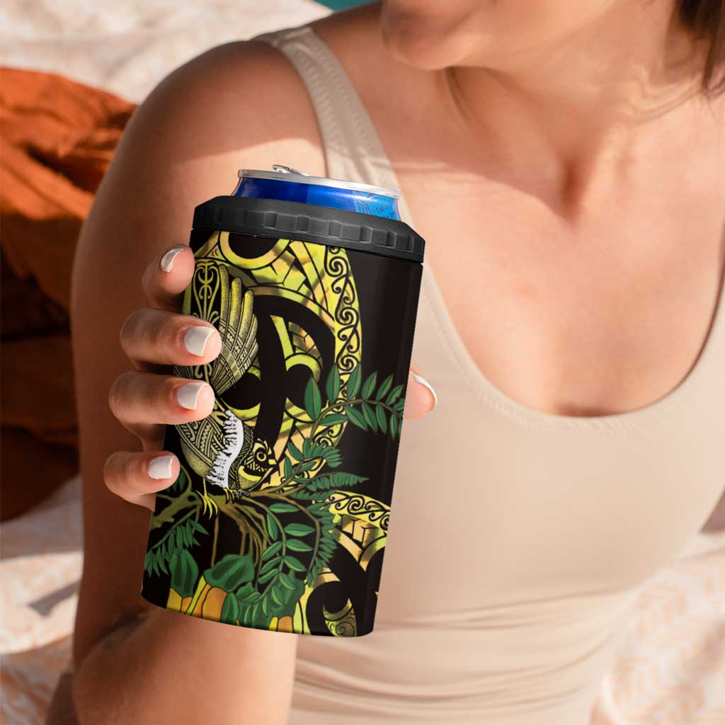 Yellow New Zealand Kowhai And Piwakawaka 4 in 1 Can Cooler Tumbler Maori Ngaru Paua Shell LT14 - Polynesian Pride