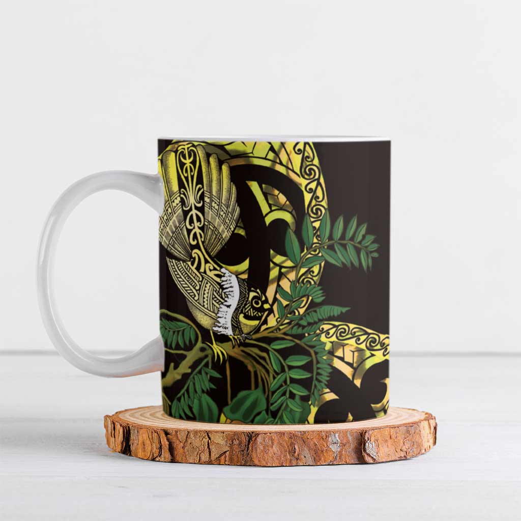 Yellow New Zealand Kowhai And Piwakawaka Ceramic Mug Maori Ngaru Paua Shell LT14 Yellow - Polynesian Pride