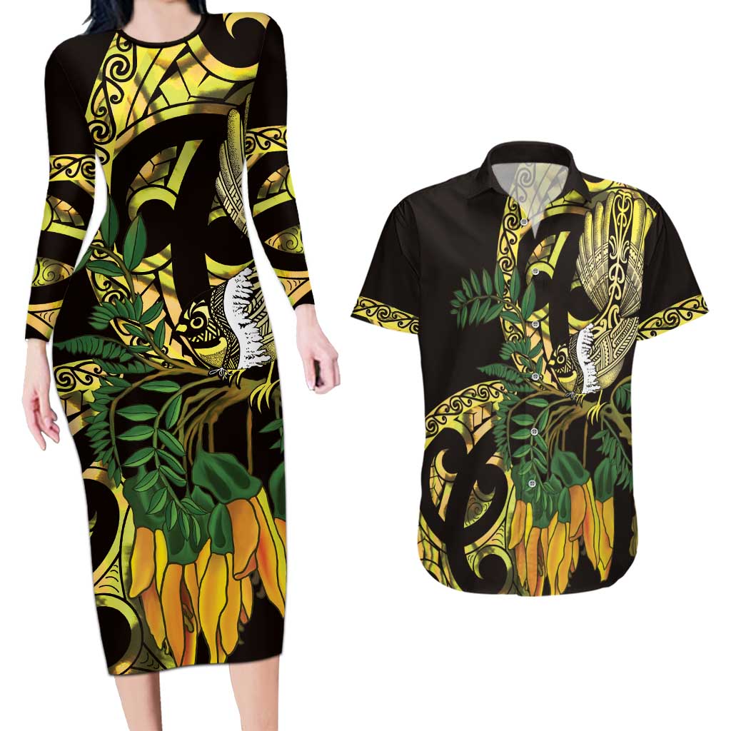 Yellow New Zealand Kowhai And Piwakawaka Couples Matching Long Sleeve Bodycon Dress and Hawaiian Shirt Maori Ngaru Paua Shell LT14 Yellow - Polynesian Pride