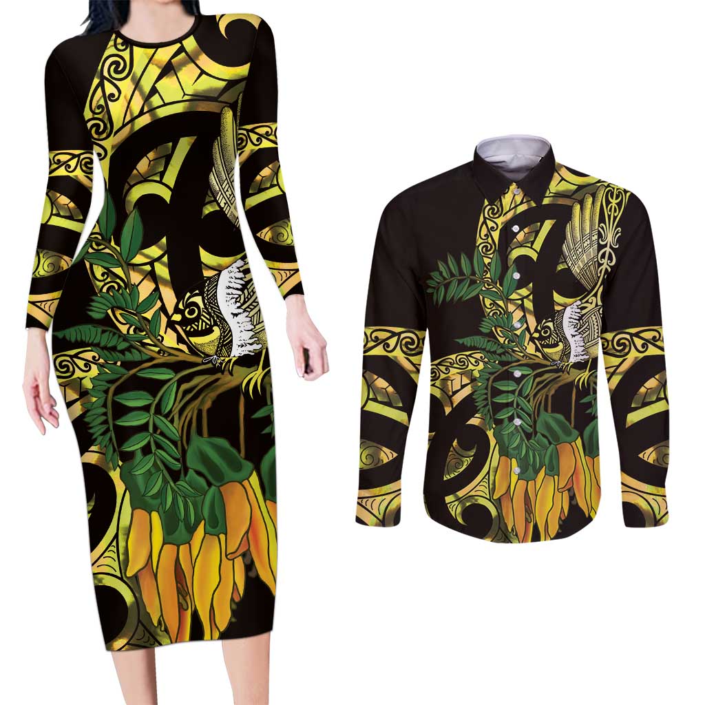 Yellow New Zealand Kowhai And Piwakawaka Couples Matching Long Sleeve Bodycon Dress and Long Sleeve Button Shirt Maori Ngaru Paua Shell LT14 Yellow - Polynesian Pride