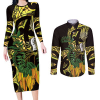 Yellow New Zealand Kowhai And Piwakawaka Couples Matching Long Sleeve Bodycon Dress and Long Sleeve Button Shirt Maori Ngaru Paua Shell LT14 Yellow - Polynesian Pride