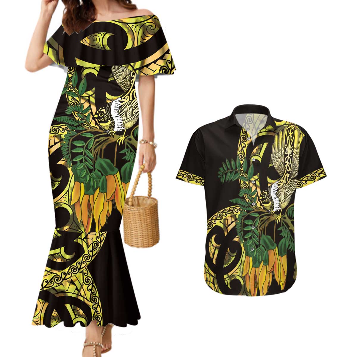 Yellow New Zealand Kowhai And Piwakawaka Couples Matching Mermaid Dress and Hawaiian Shirt Maori Ngaru Paua Shell LT14 Yellow - Polynesian Pride